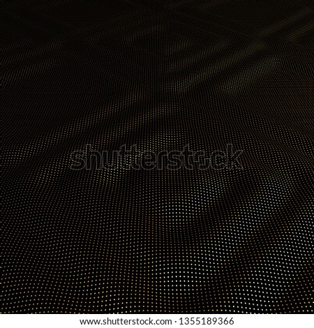 Black abstract waves with gold dots. Beautiful black background in modern style. 3D illustration