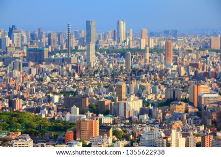 Tokyo skyline - city aerial view with Minato and Shinjuku wards. Warm sunset light.