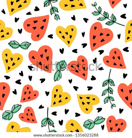 Seamless pattern with mint, yellow and coral watermelons hearts . Bright summer vector background.  