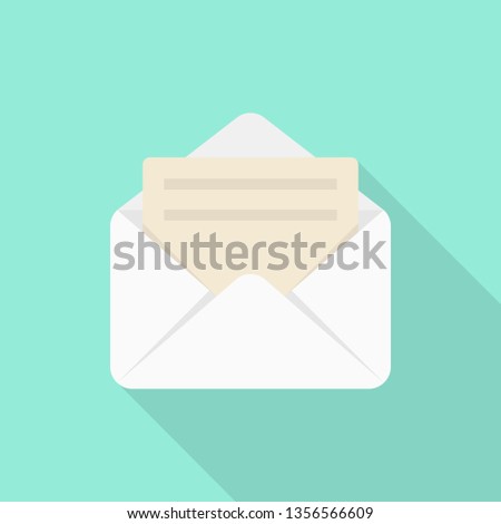 Email icon with long shadow on blue background, flat design style
