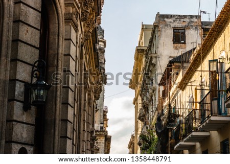 Facade of old colonial buildings in Havana, Cuba.