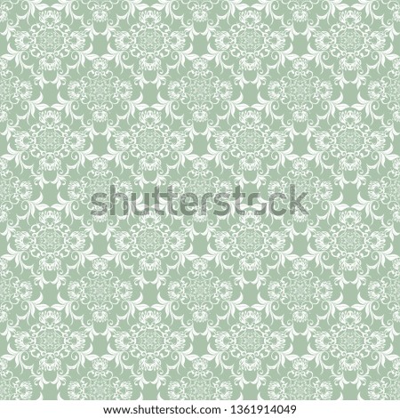 Seamless wallpaper pattern. Seamless white floral ornament on greenbackground. Wallpaper pattern. Vector illustration