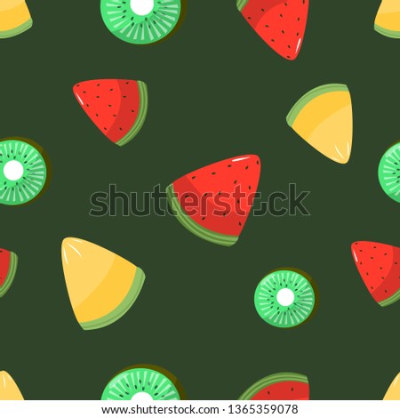 Seamless pattern of sliced melon kiwi and watermelon on dark greenbackground cartoon style vector illustration