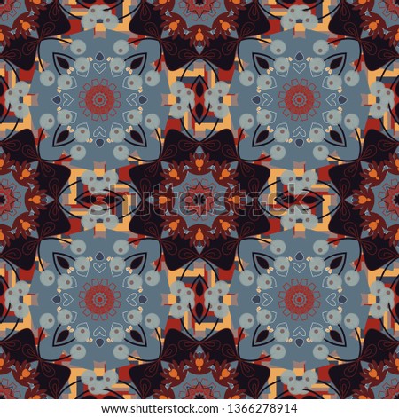 Mandalas kaleidoscope seamless pattern. Composed of black, brown and gray abstract elements. Useful as design element for texture and artistic compositions.