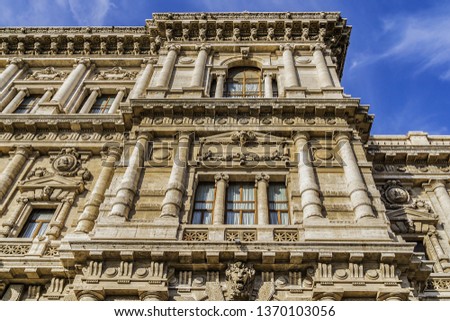 Architectural fragments of Rome Palace of Justice (Corte Suprema di Cassazione), built between 1888 and 1910. Rome, Italy.
