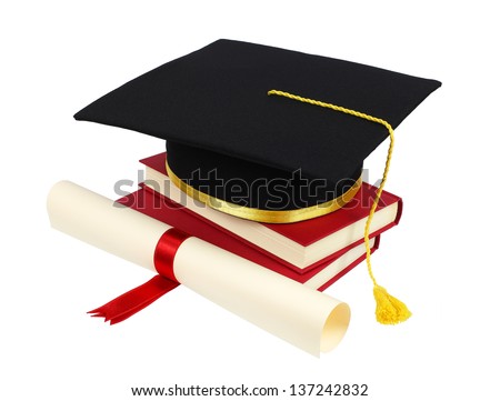 Graduation cap with books and diploma isolated on white background