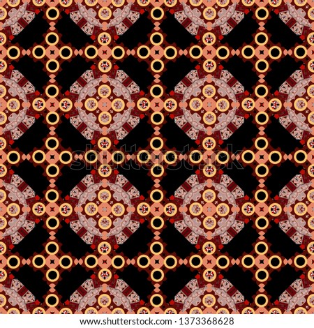 Beautiful vector kaleidoscope seamless pattern. Abstract kaleidoscope background. Unique kaleidoscope design. Seamless texture in black, yellow and red colors. Multicolor mosaic texture.