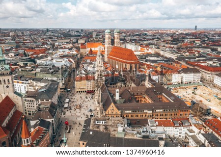 Beautiful Munich architectural aerial view. Germany, Bavaria. Marienplatz town hall.
