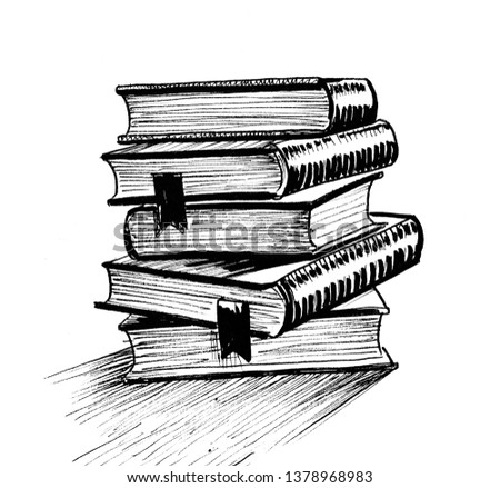 Stack of books. Ink black and white drawing