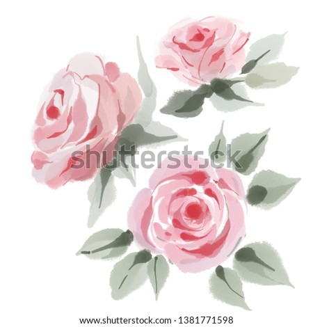 Set roses, watercolor, can be used as greeting card, invitation card for wedding, birthday and other holiday and summer background.