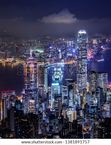  Hong Kong skyline on the evening seen from Victoria peak, Hong Kong, China.