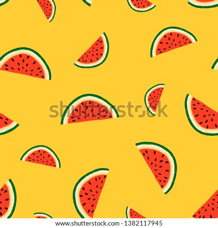 Pattern with slices of watermelon of different sizes on a yellow background