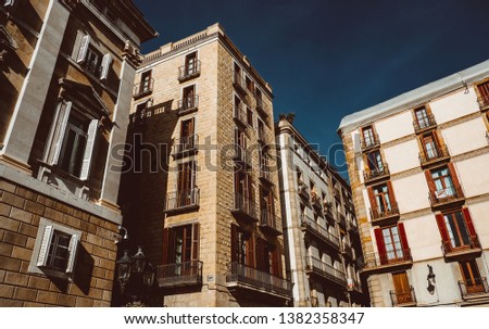 Old facade Building Windows with balcony Art ornate painting Historical Architecture detail Barcelona Spain