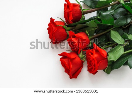 greeting card concept with red roses on white background with copy space.