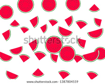 Sweet watermelon slice vector print illustration. Natural food element for summer diet. Cartoon red and green water melon fruit. 