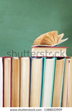 many books with copy space,. Stack of old books on book shelf. Education and learning concept