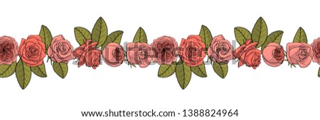 Hand drawn doodle style rose flowers seamless brush. floral design element. rose endless border isolated on white background. stock vector illustration