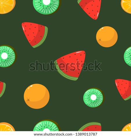 Seamless pattern of oranges kiwi and watermelon on dark green background cartoon style vector illustration