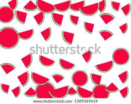 Sweet watermelon slice vector print illustration. Natural food element for summer diet. Cartoon red and green water melon fruit. Vector dessert nutrition watermelon berry.