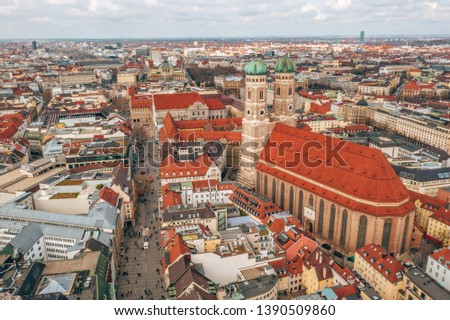 Beautiful center of Munich from above Marienplatz. Aerial view on the main square.