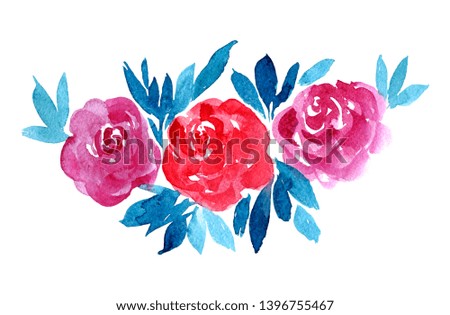 Watercolor red and pink rose flowers isolated on white background. Hand painted floral illustration.