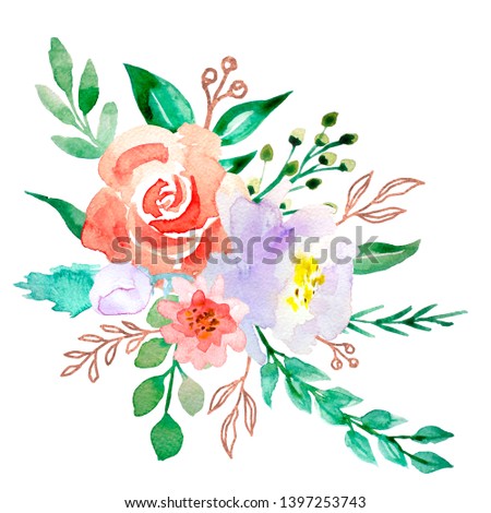 watercolor flowers. floral illustration, Leaf and buds. Botanic composition for wedding or greeting card. branch of flowers - abstraction roses, hydrangea