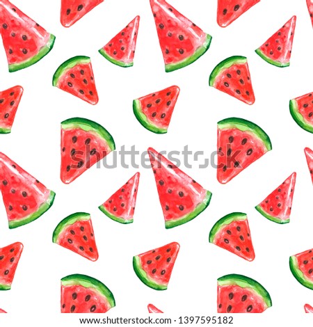 Watercolour juicy watermelon seamless pattern. Hand painted slice of fresh ripe fruit, isolated on white background. Tropical decorative print for textile, wrapping, packaging. Summer illustration.