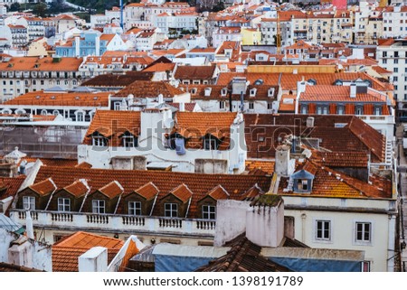View from the top of the Santa Justa elevator on Lisbon city.,Portugal. Februaty 2019