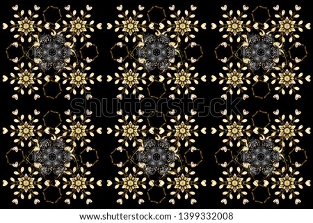 Gold floral ornament in baroque style. Golden element on black and brown colors. Damask seamless repeating background. Gold Wallpaper on texture background.