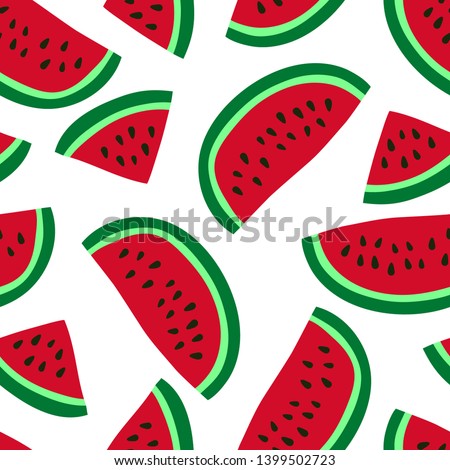 Watermelon seamless pattern. Hand drawn fresh berry. Vector sketch background. Red and green print for kitchen tablecloth, curtain or dishcloth. Fashion design. Doodle wallpaper