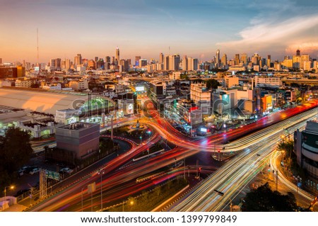 Skyline sunset traffic Hua Lamphong Station, office buildings, living, condominium in bangkok city  skyline top view Downtown and business office bank financial in capital city of thailand asian 