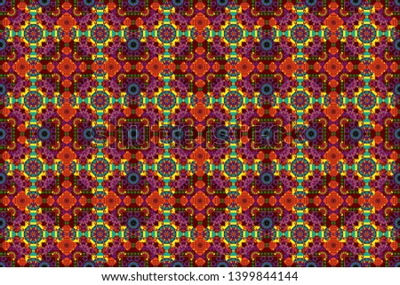 Traditional ornate portuguese decorative tiles azulejos. Purple, red and yellow mandalas. Seamless abstract background. Ceramic tiles pattern. Raster hand drawn art, typical portuguese tiles.