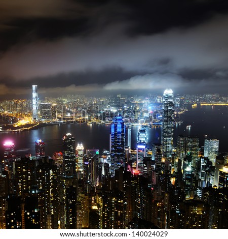 Hong Kong central district skyline and Victoria Harbour view at night