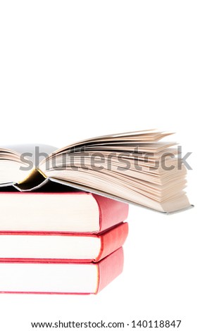 Blank Book open on tree red books and isolated on white background