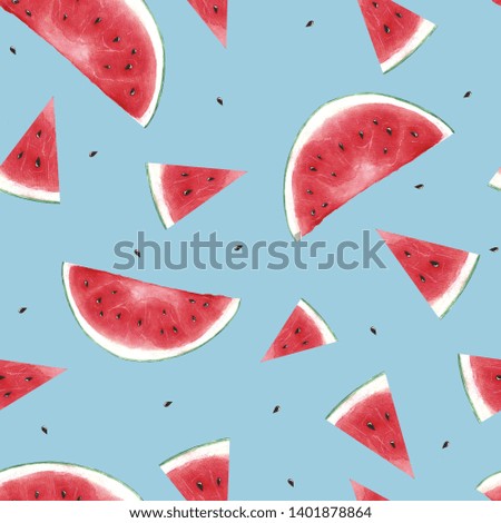 Background with a watercolor drawing of a slice of watermelon. Pattern, illustration for wrapping paper, postcards, cards.