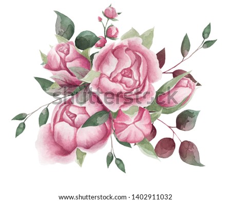 
Watercolor flowers. Floral illustrations, leaves and branches. Botanical composition for a wedding or greeting card. branch of flowers - abstraction of roses, peonies, leaves