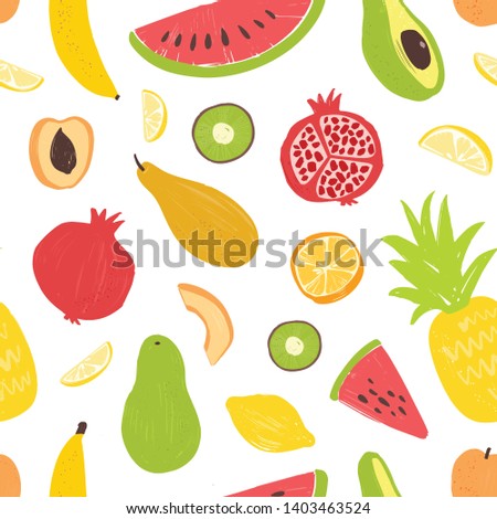 Seamless pattern with exotic tropical fruits on white background. Decorative summer backdrop with fresh dietary veggie food. Flat illustration for wrapping paper, textile print, wallpaper