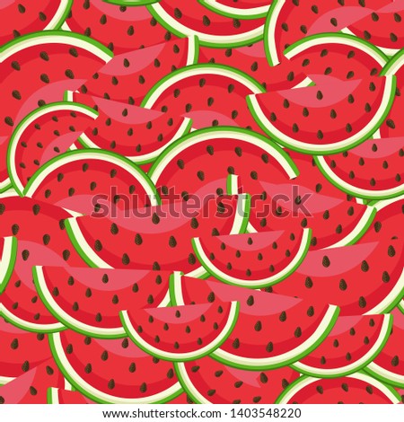 Creative, crazy background with fresh, juicy, red slices of cartoon watermelon. Bright chaotic vector semless pattern