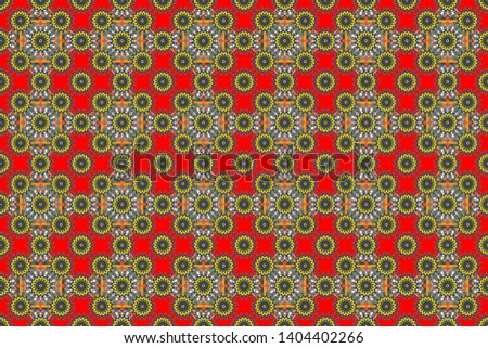 Raster illustration. Curved doodling in red, yellow and blue colors. Ethnic binary doodle texture. Mehndi design. Tracery seamless pattern.