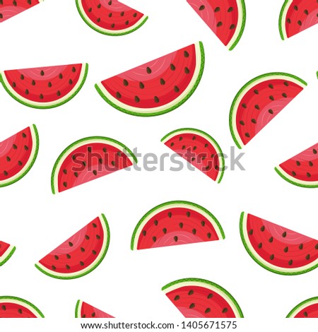 Fresh semicircle red slices of watermelon with abstract ethnic ornament on pulp and crust. Bright cartoon summer seamless background
