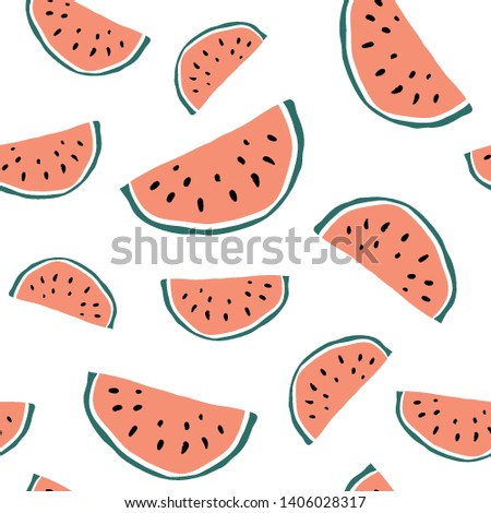 Minimalist watermelon slice seamless pattern. Simple summer fruit ornament. Doodle, flat, hand drawn texture for wallpaper, textile, fabric, paper. Pink and green. Vector