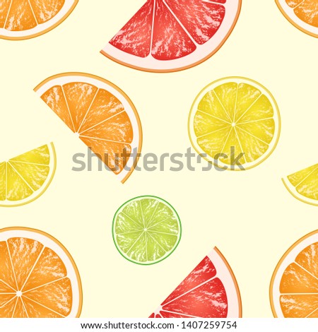 Seamless pattern of citrus slices. Lime, lemon, orange and grapefruit pieces on light yellow background. Vector illustration
