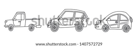 Hand drawn vector car set. Cute isolated doodle illustration. Different types of automobiles.