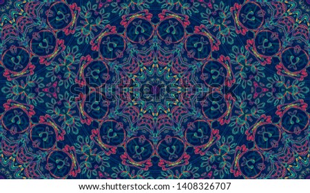 Melting watercolor colorful symmetrical pattern for textile, porcelain ceramic tiles and design. Vintage decorative element with mandala. Hand drawn background. Islam, arabic indian, ottoman motifs. 