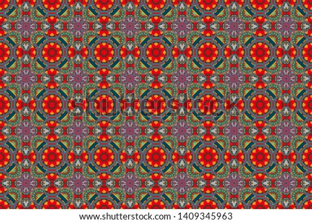 Geometrical symmetrical ornament. Raster abstract fractal kaleidoscope seamless pattern in blue, brown and pink colors.