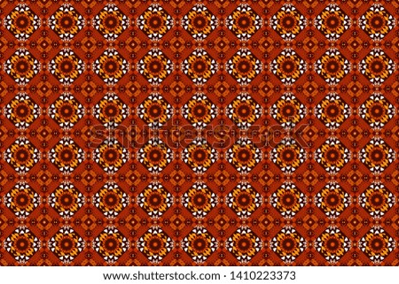 Oriental tiles, raster seamless islamic pattern with pretty oriental curves and mandalas details. Symmetrical tile design in brown, orange and red colors.