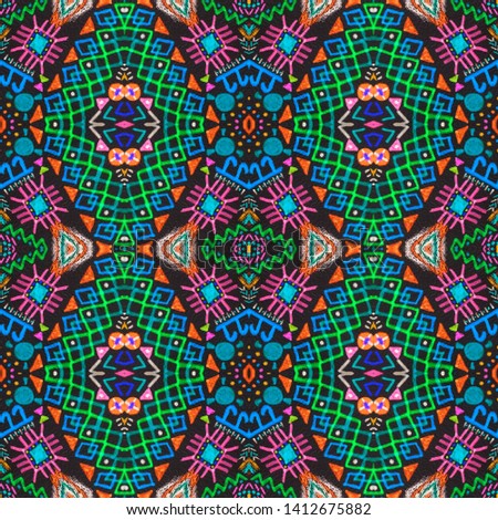 Aztec pattern. Seamless african print. Indian native ornament. Boho endless texture. Peruvian seamless texture. Folk navajo print. Black, cyan, pink, green, gold aztec pattern.