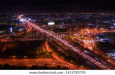 bangkok traffic jam at night aerial view.
