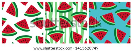 Watermelon seamless pattern set. Fashion design. Food print for clothes, linens or curtain. Hand drawn vector sketch. Exotic background collection