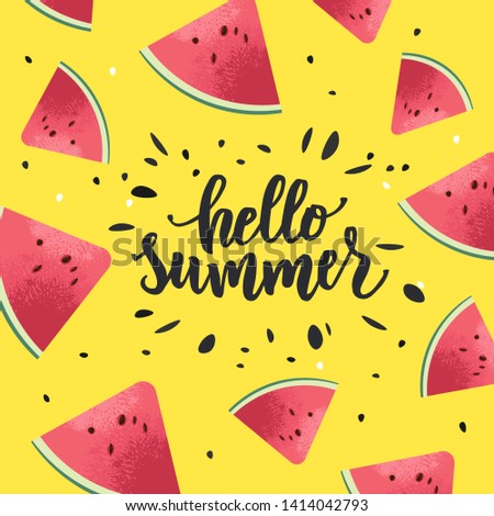 Hello summer hand lettering text with watermelon as logotype, label, badge, icon, postcard, card, invitation, banner template. Special summer sale typography poster. Vector illustration.